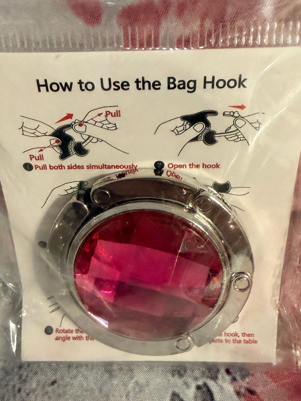 Foldable Purse Hook with dark pink gem. NWT A66